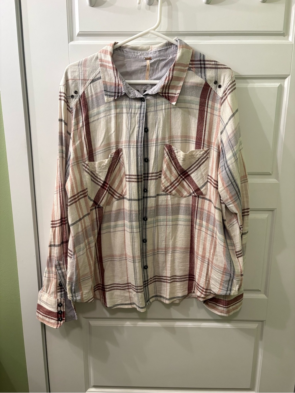Free People Plaid Button-Up Shirt in Cream and Red
